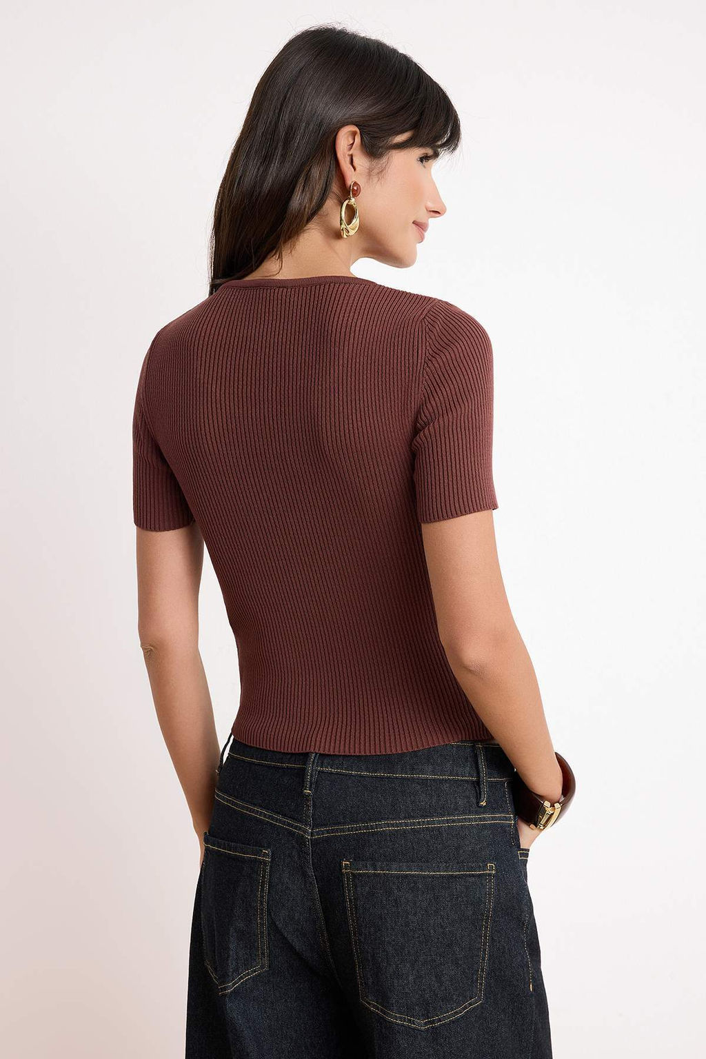 Kahverengi More Sustainable Basic V Yaka Bluz TWOSS26BZ00504 - Trendyolmilla фото 4