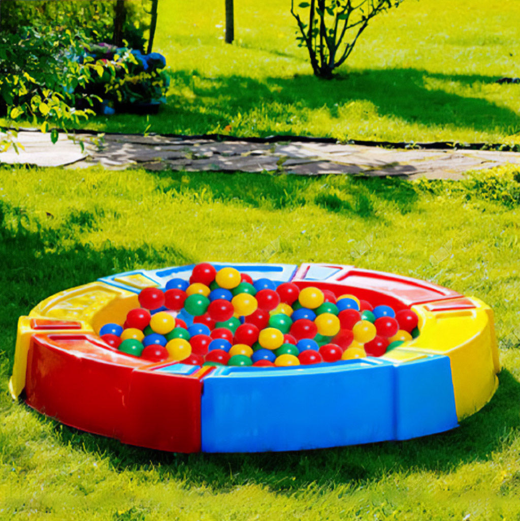 Песочница-ограждение из полипропилена д130см, h17см, 6 составных частей корпуса, пленка подложка, желтый/красный/голубой (Россия)