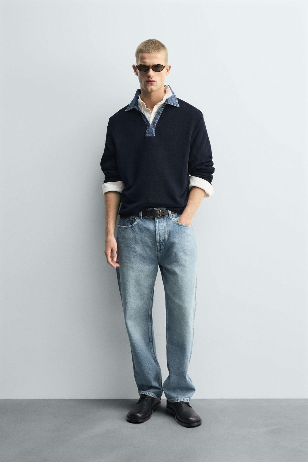 DENIM COLLAR COMBINATION KNIT POLO SHIRT