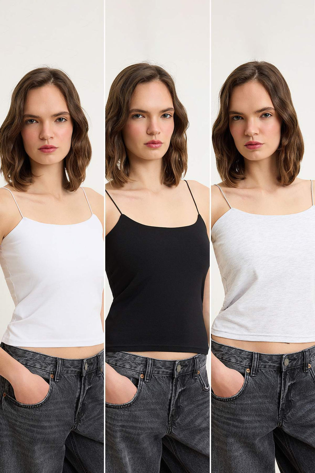 Trendyolmilla Siyah-Beyaz-Bej 3lu Paket Ask?l? Vucuda Oturan Kare Yaka Esnek Orme Atlet TWOSS24AL00054  фото 26