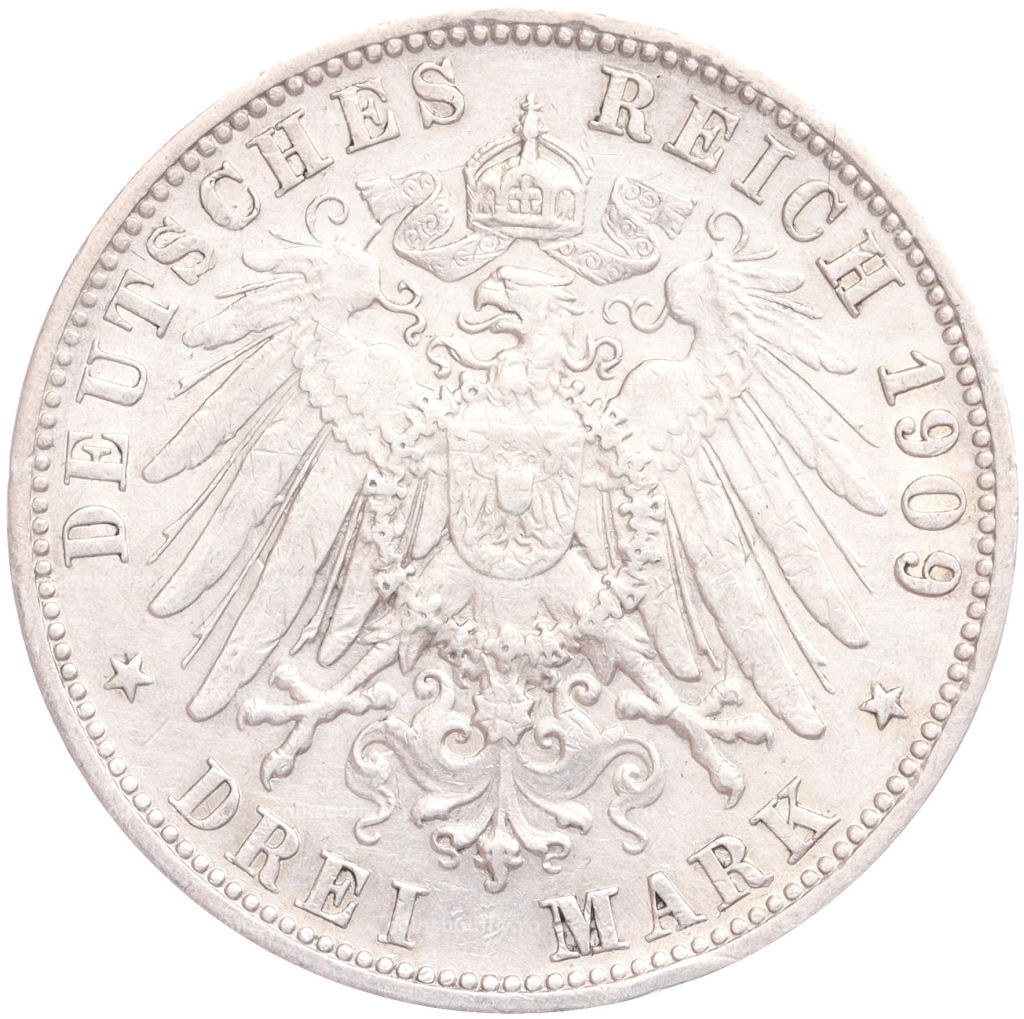 Монета 3 марки 1909 года F Германия (Вюртемберг)