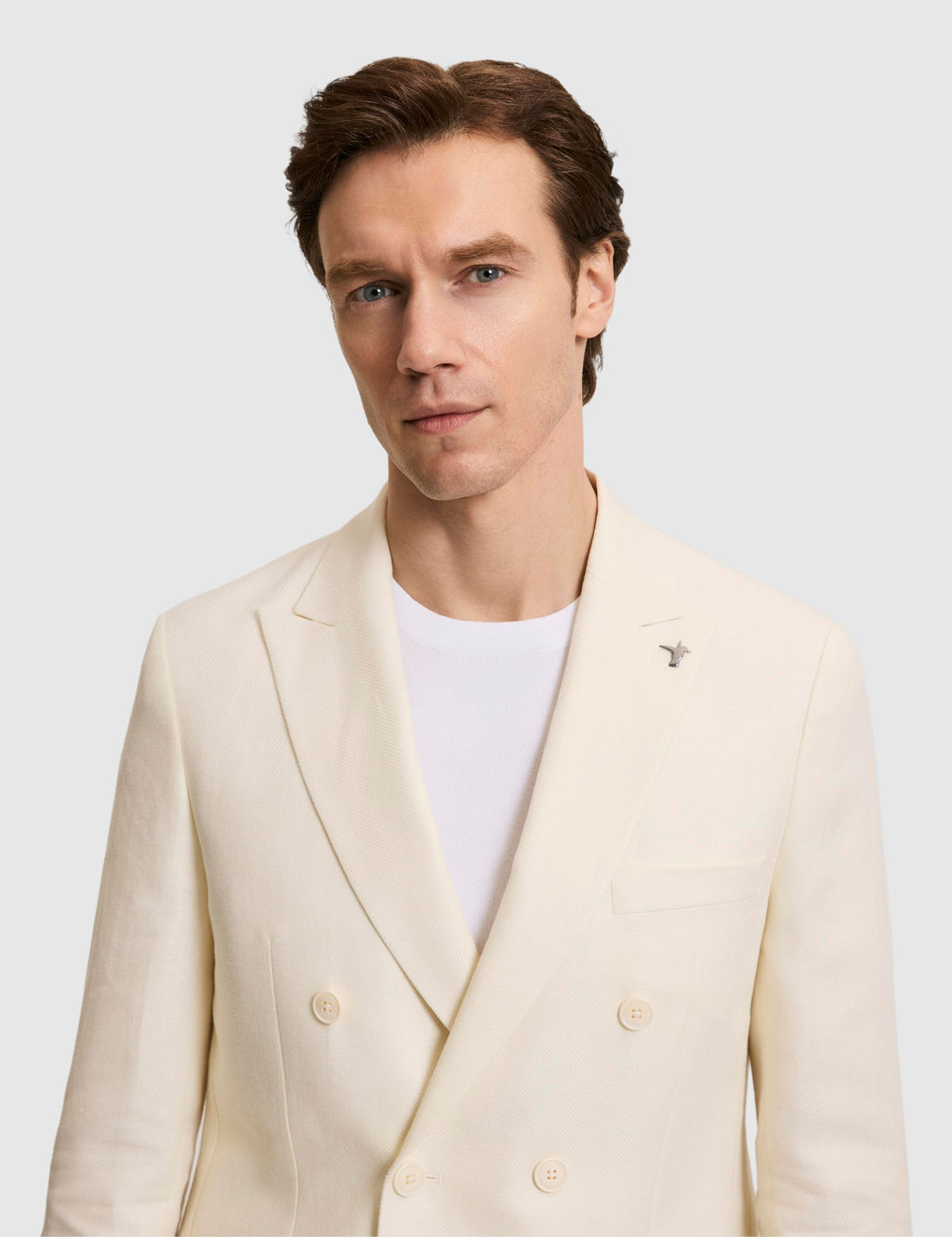 Beyaz Slim Fit Y_n Keten Kar___ml_ Bal_ks_rt_ K_rlang__ Yaka Kruvaze Ceket