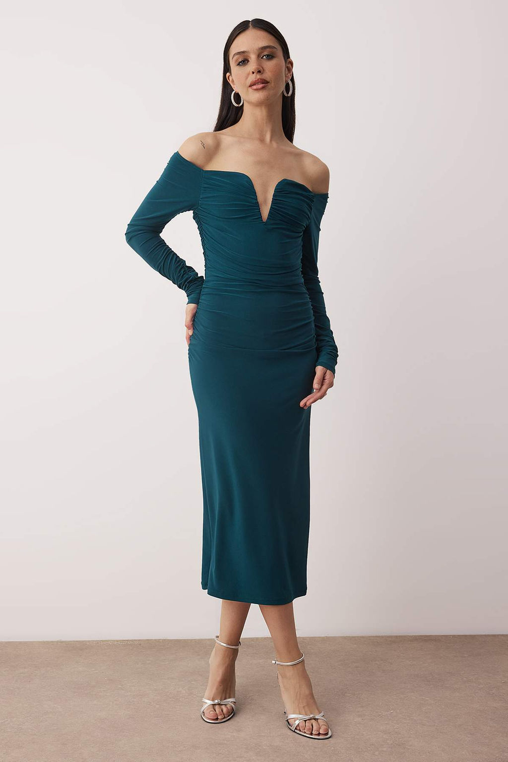 TRENDYOLMILLA Kahverengi Vucuda Oturan Carmen Yaka Orme Elbise TPRAW25EL00073  фото 10