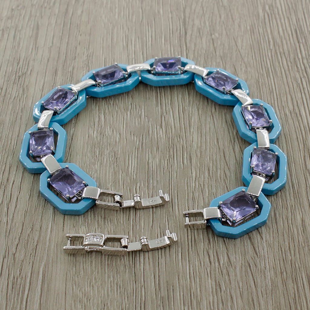 Браслет Октагон из голубой керамики с Александритом покрытие светлый металл, длина 18см - Agat77 фото 3