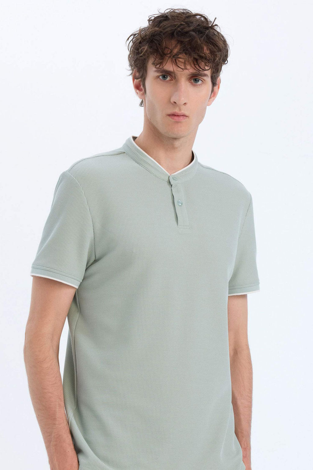 Slim Fit Dar Kesim Dik Yaka K?sa Kollu Waffle Polo Tisort - Defacto фото 4