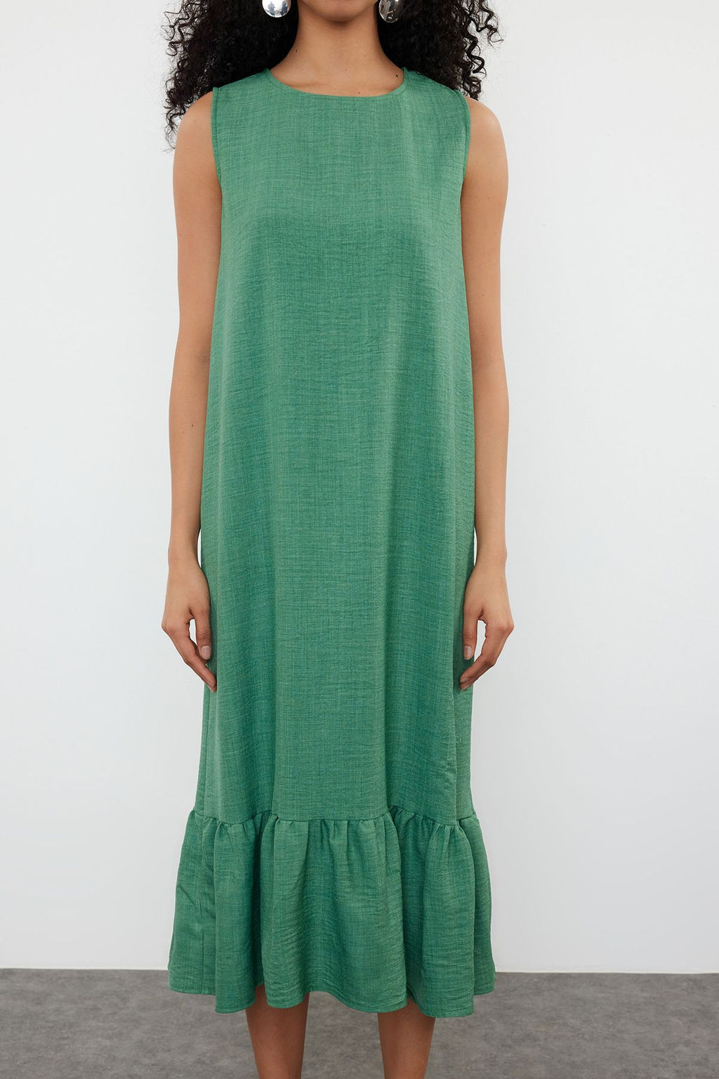 Yesil Duz Kesim Etegi Volanl? Mini Dokuma Elbise TWOSS24EL00520