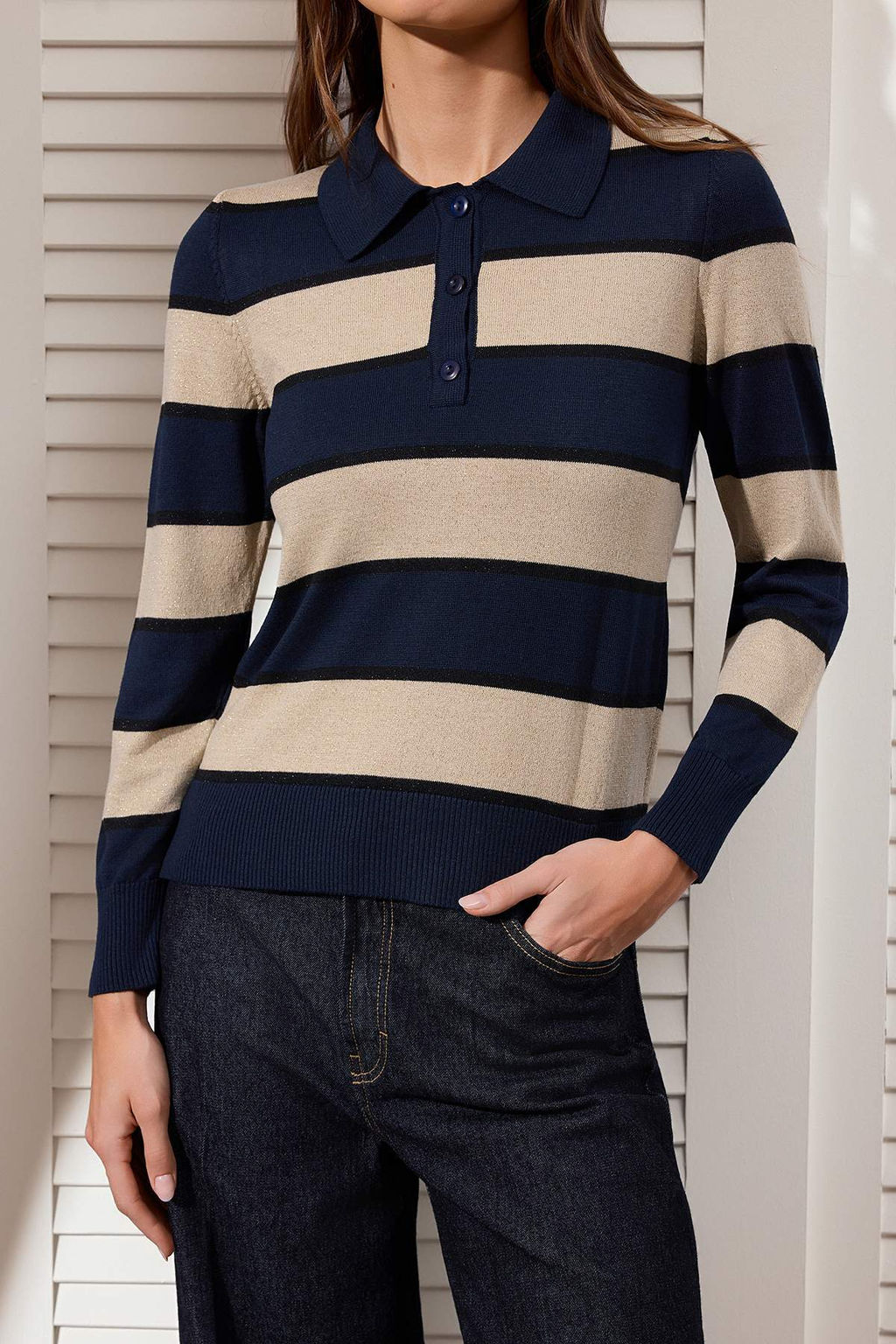 Lacivert Simli Iplik Detayl? Cizgili Polo Yaka Triko Bluz TWOSS26BZ00126
