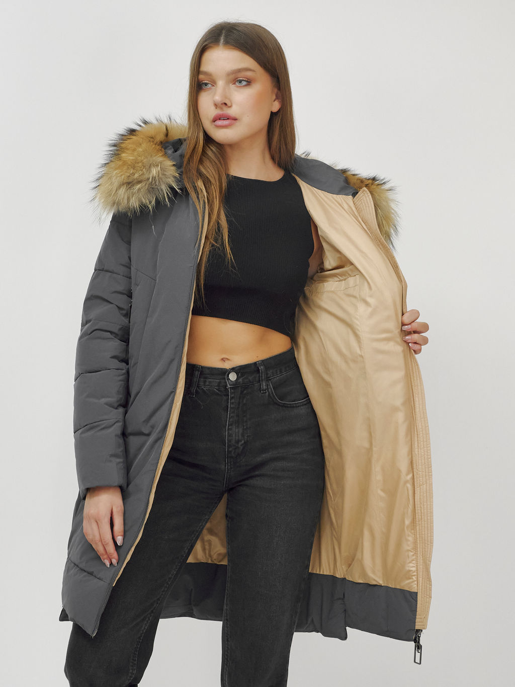 Куртка ПРЕМИУМ КЛАССА зимняя с мехом ЕНОТА, темно-серого цвета - Mtforce фото 19