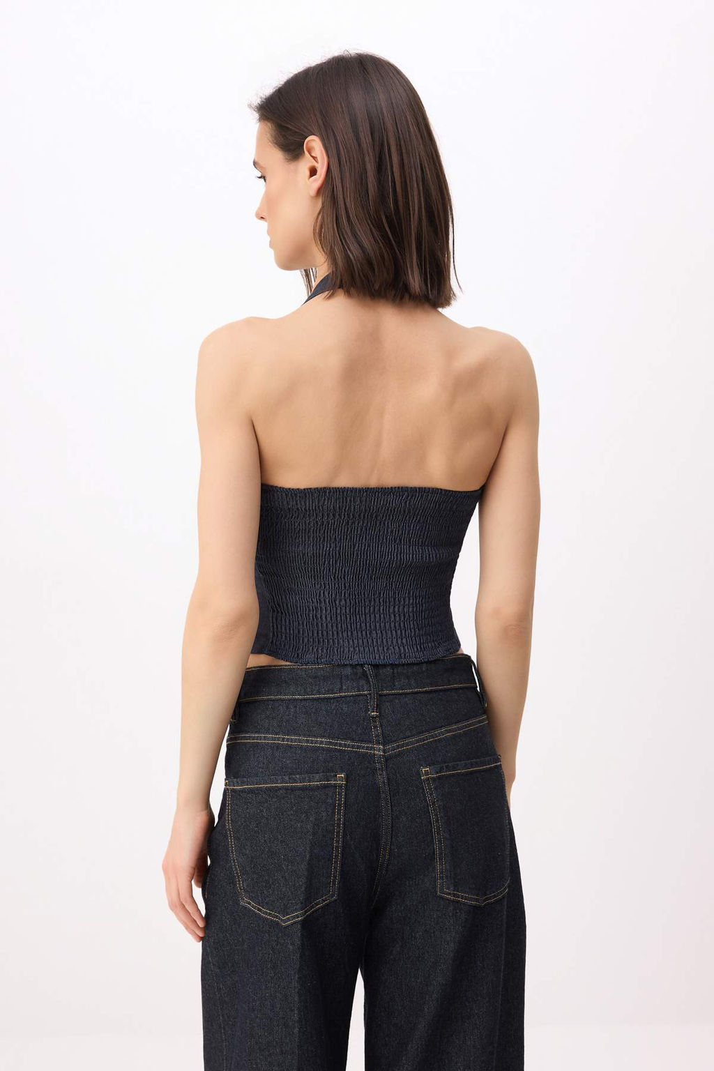 Koyu Mavi Halter Yaka Ekstra Esnek Denim Bluz TWOSS26BZ00507