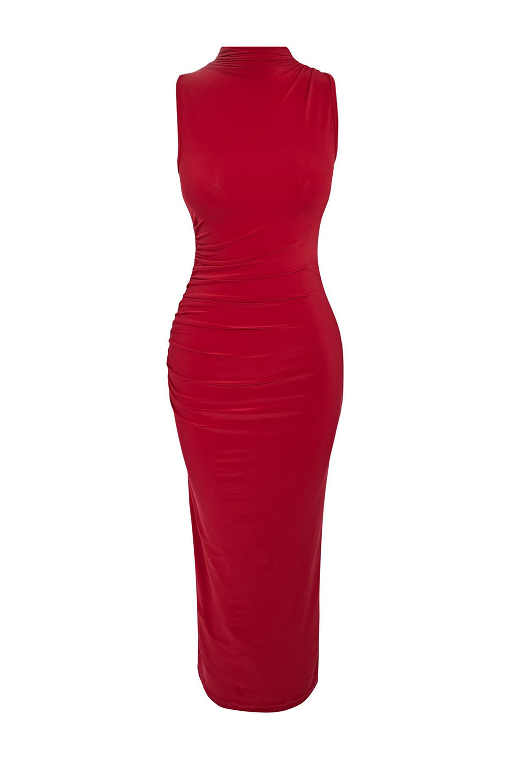 K?rm?z? Duz Buzgulu Maxi S?f?r Kol Drapeli Bodycone/Vucuda Oturan Esnek Orme Elbise TWOSS24EL00101