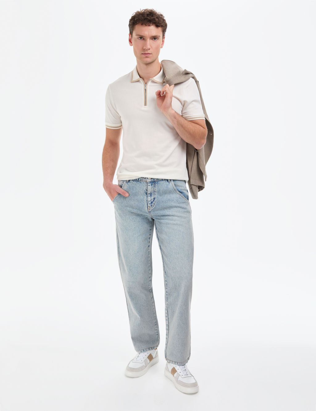 Ekru Slim Fit %100 Pamuk Fermuarl_ Polo Yaka Ti__rt