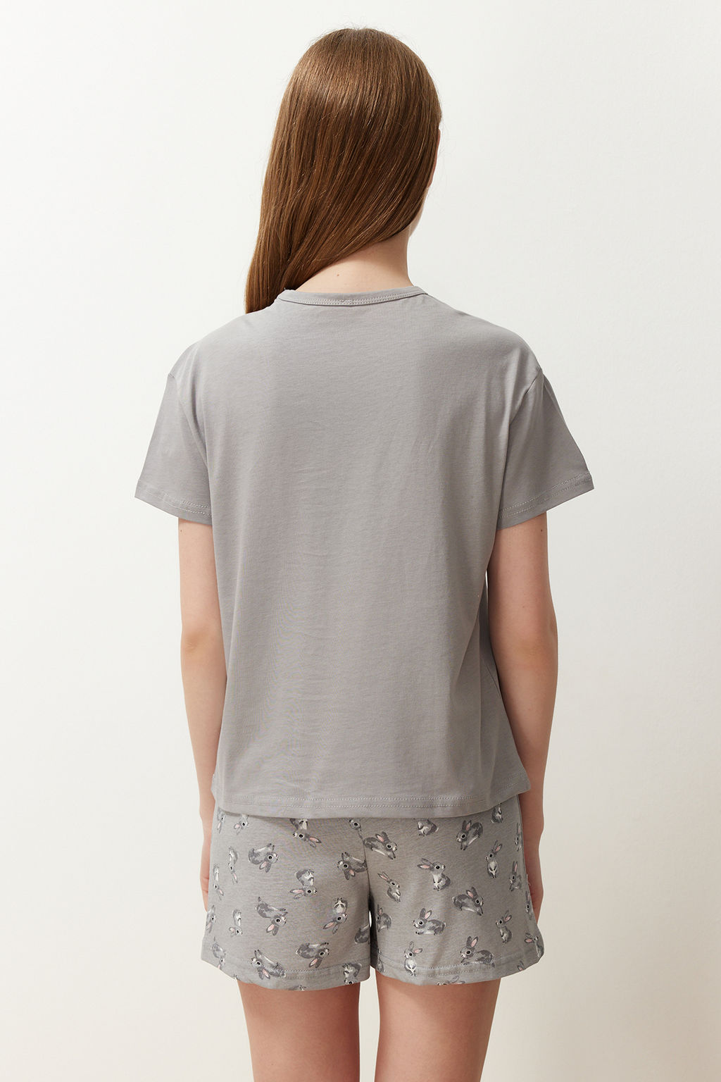 Gri %100 Pamuklu Tavsan Desenli Sortlu Orme Pijama Tak?m? THMSS24PT00199 - Trendyolmilla фото 6