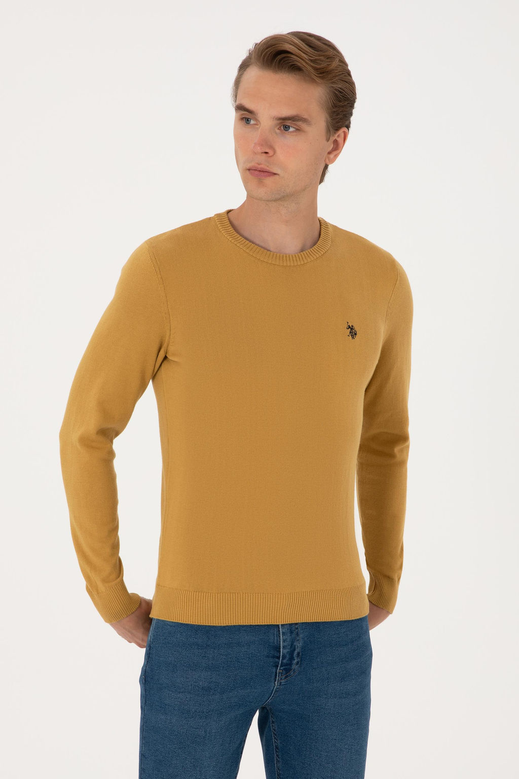 Erkek Slim Fit Bisiklet Yaka Hardal Basic Kazak - U.s. polo assn фото 3