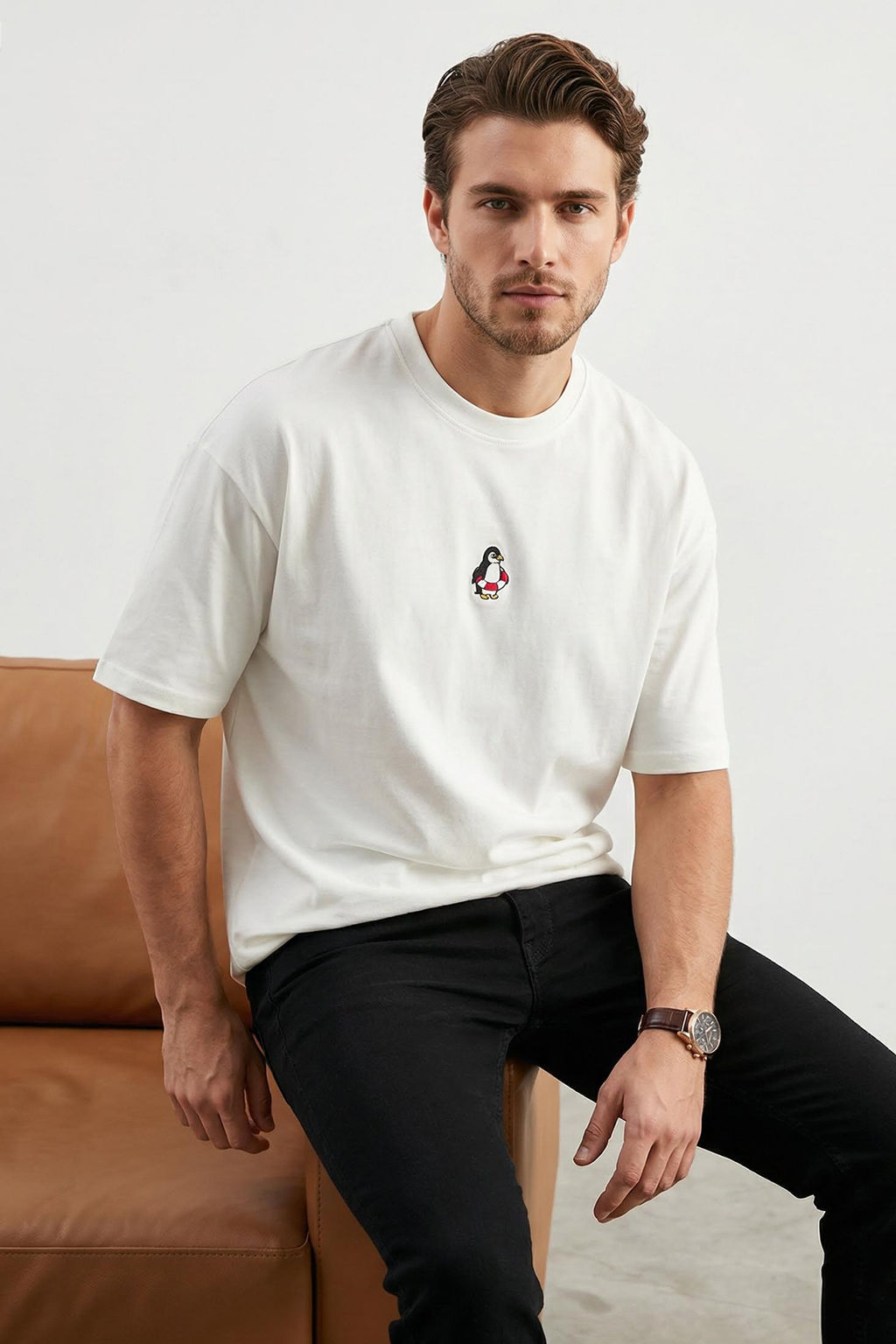 Ekru Oversize/Genis Kesim Penguen Nak?sl? %100 Pamuklu T-Shirt TMNSS23TS00243