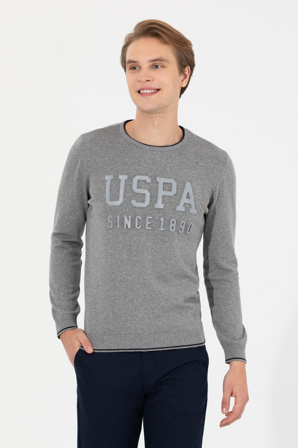 U. S. Polo Assn Мужской серый меланжевый трикотаж с круглым вырезом - U.s. polo assn фото 3