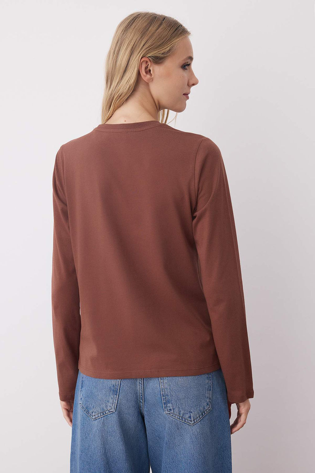 Siyah-Ekru-Kahverengi 3lu Paket %100 Pamuk Bisiklet Yaka Uzun Kol Oversize/Genis Kesim Orme T-shirt