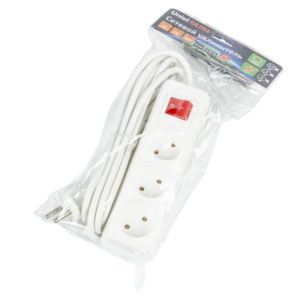 S-CU3-3B WHITE Удлинитель серии Ultra, шнур 3м., 3 гнезда, 10A, б/з. Белый. TM Uniel