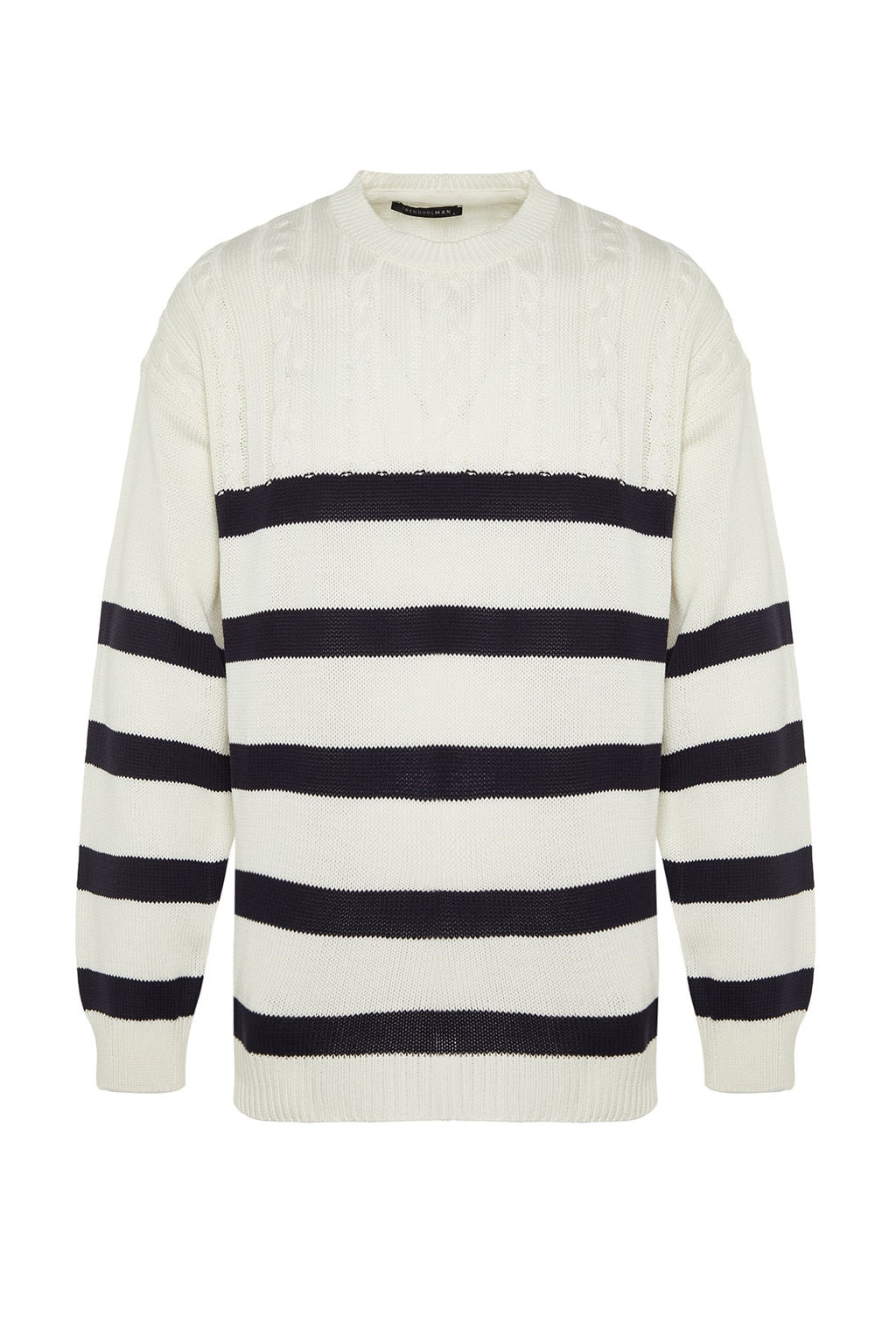 TRENDYOL MAN Ekru Casual Unisex Oversize Fit Genis Kal?p Sac Orgu Cizgili Tuylenmeyen Triko Kazak TMNAW24KZ00002 - Trendyolmilla фото 6