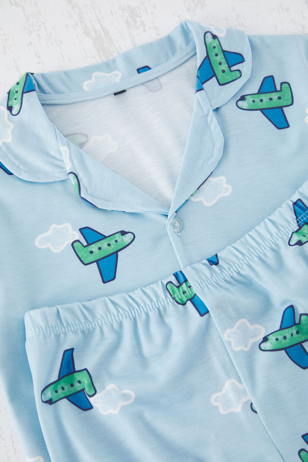 Mavi Erkek Cocuk Ucak Bask?l? Gomlek Yaka Orme Alt Ust Pijama Tak?m? TKDSS25PT00003