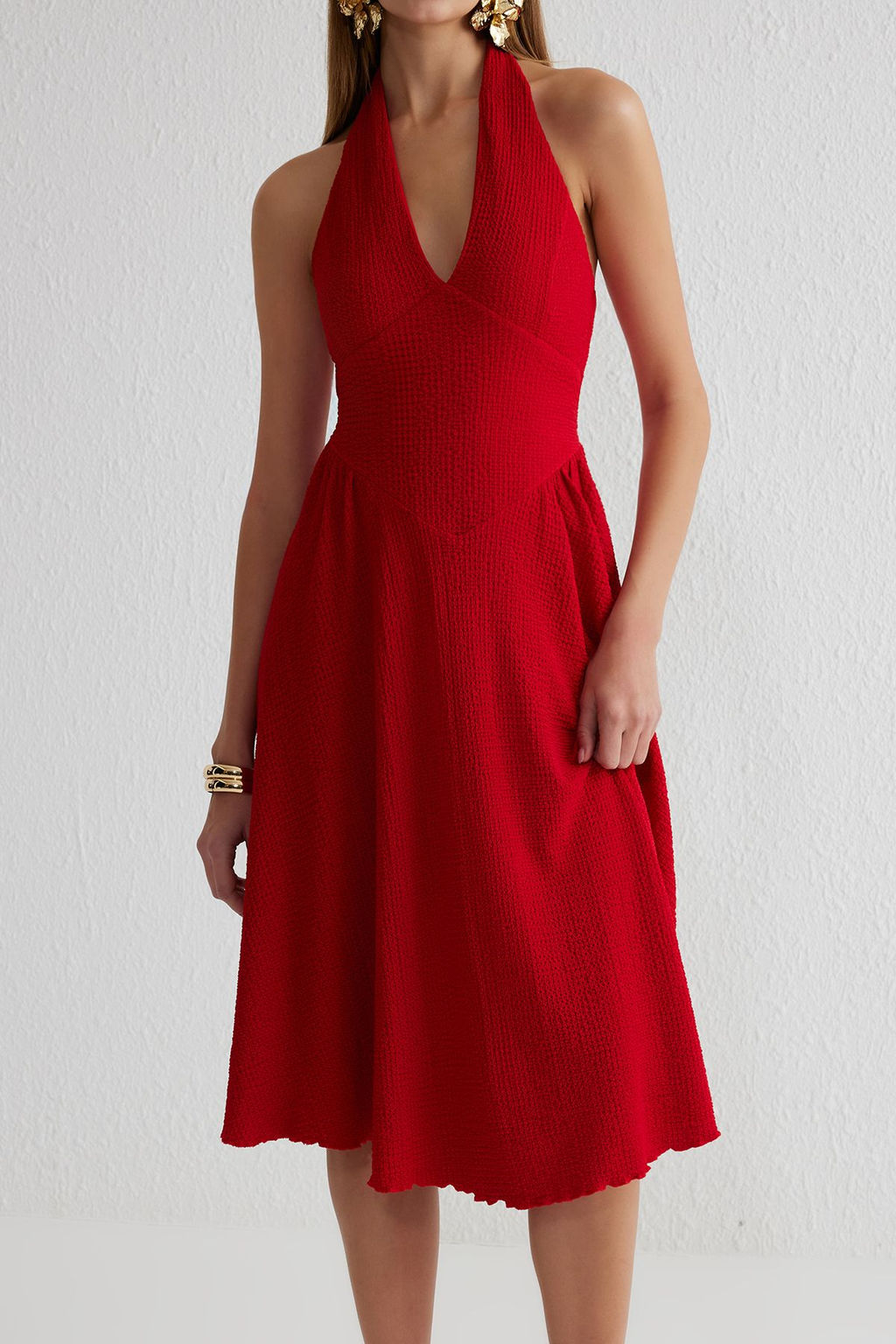 TRENDYOLMILLA Kahverengi A-Kesim V Yaka Dokuma Detayl? Burumcuk Orme S?k Elbise TPRSS25EL00086 фото 8