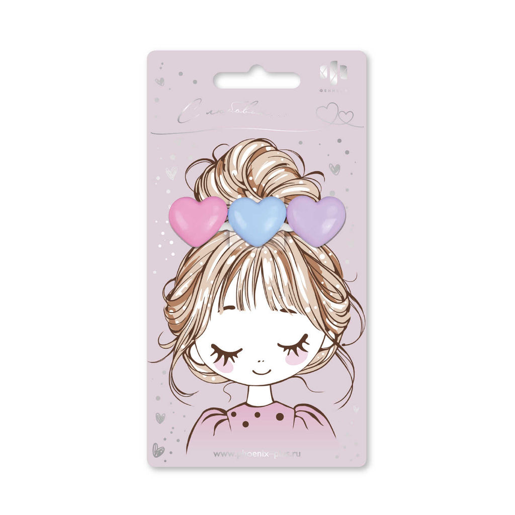 Заколка для волос зажим, арт. 71772 / 10 СЕРДЕЧКИ (в наборе: 1шт., 6,5 см, черный металл, полиэфирная смола, цвет: розовый, фиолетовый, голубой, подложка из мелованного картона + ПЭТ-пакет с европодвесом)