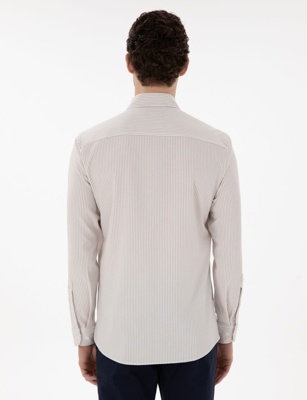 Bej Slim Fit _izgili Uzun Kollu G_mlek