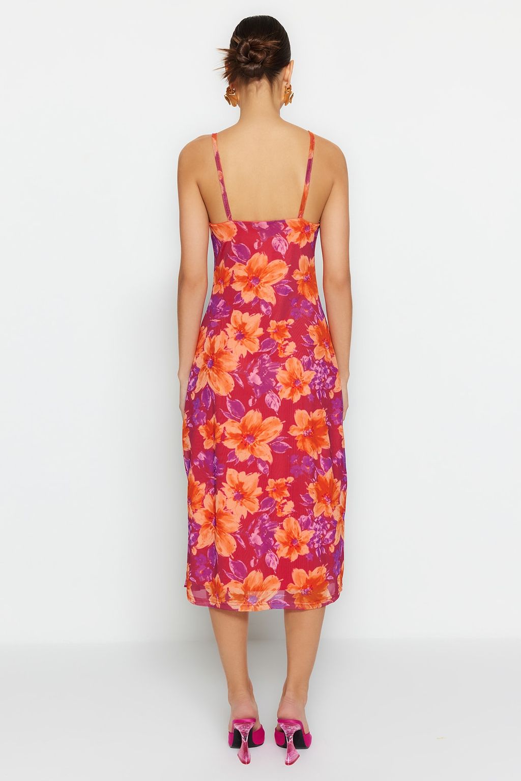 Pembe Cicek Desenli Y?rtmac Detayl? Astarl? Tul Ask?l? Belden Ac?lan Midi Elbise TWOSS23EL01453 - Trendyolmilla фото 6