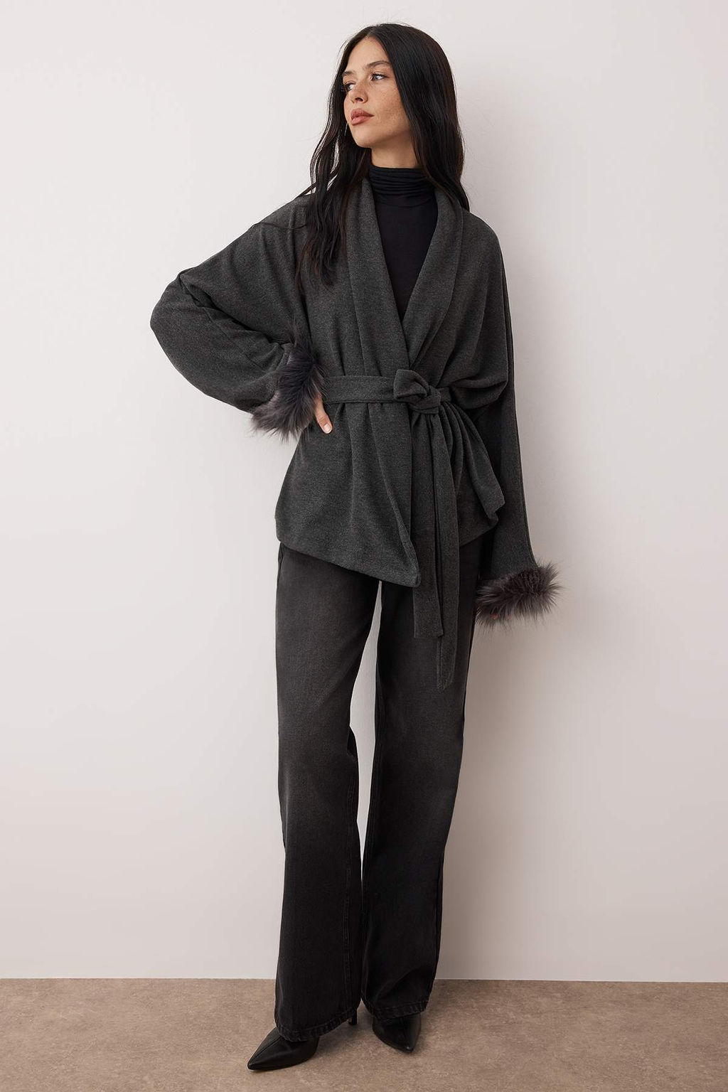 Antrasit Kurk Detayl? Oversize/Genis Kal?p Selanik Esnek Orme Ceket TWOAW26CE00080 - Trendyolmilla фото 2