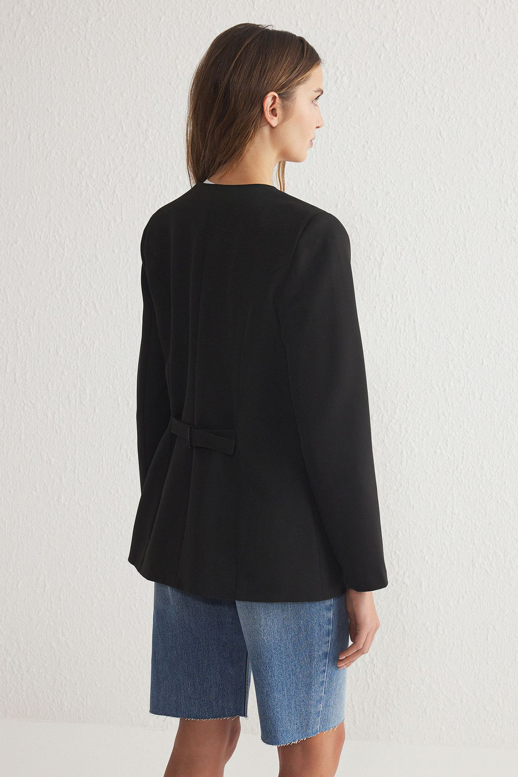 Siyah Vatkal? Bisiklet Yaka Dokuma Blazer Ceket TWOSS25BC00008