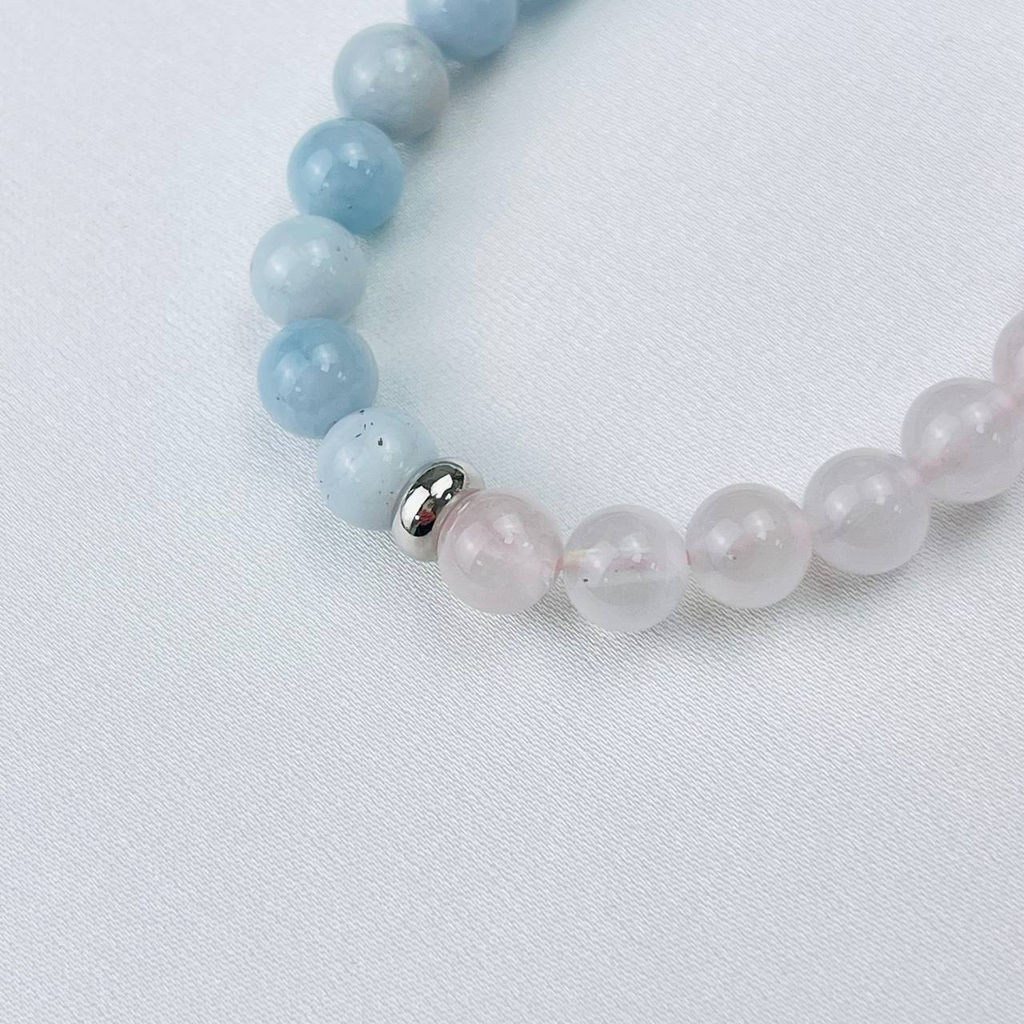 Браслет детский из Аквамарина, Розового кварца и Перламутра 15 см