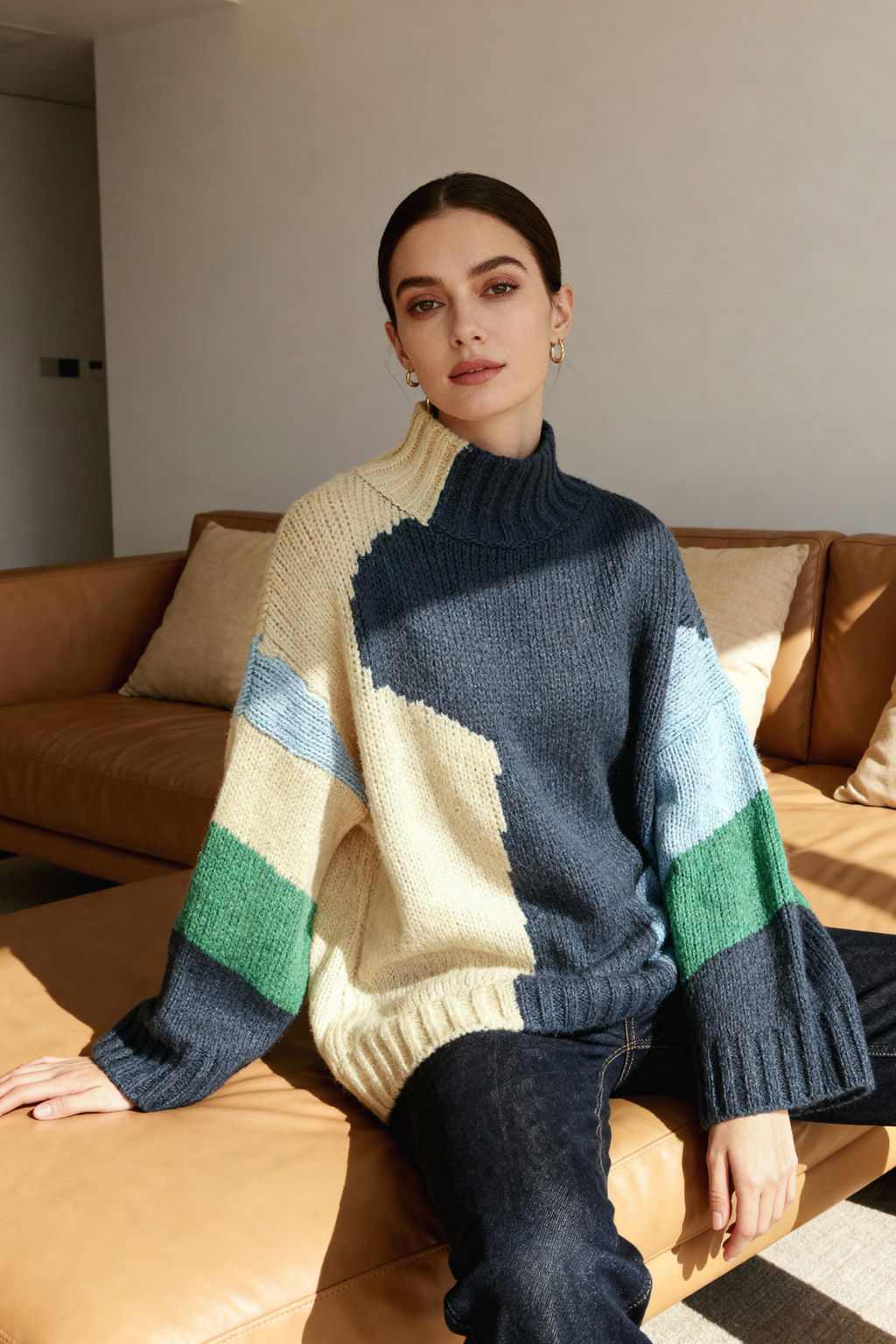 Mavi Yumusak Dokulu Renk Bloklu Genis Kal?p Triko Kazak TWOAW20XS0047