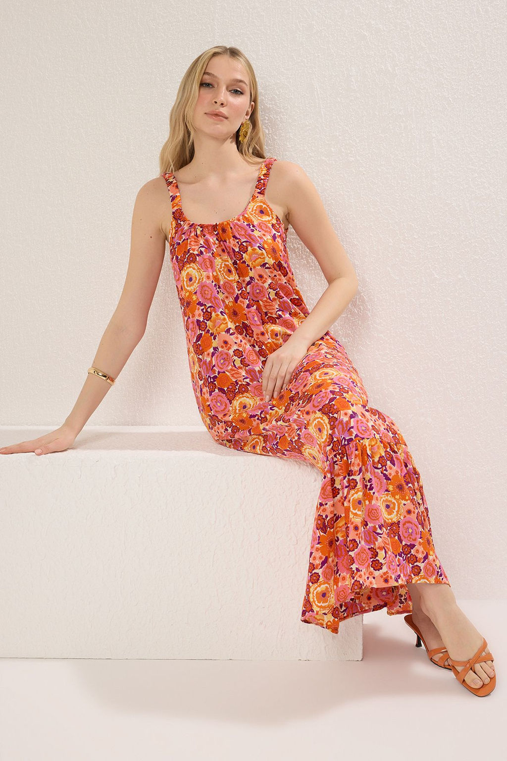 Fusya Cicek Desenli Rahat Kesim Maxi Dokuma Elbise TWOSS25EL00671 - Trendyolmilla фото 2