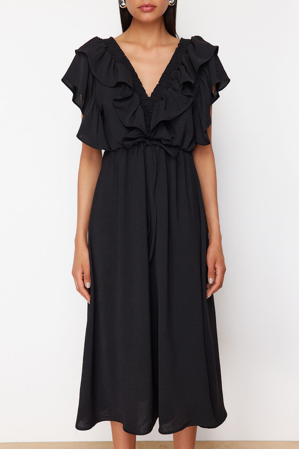 Siyah Duz A Kesim Volanl? Dokuma Elbise TWOSS24EL01053 - Trendyolmilla фото 4