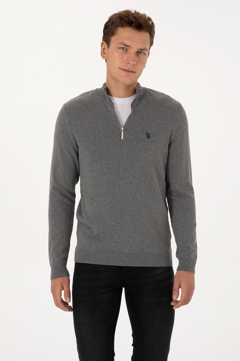 Erkek Slim Fit Yar_m Fermuarl_ Gri Melanj Basic Kazak - U.s. polo assn фото 3