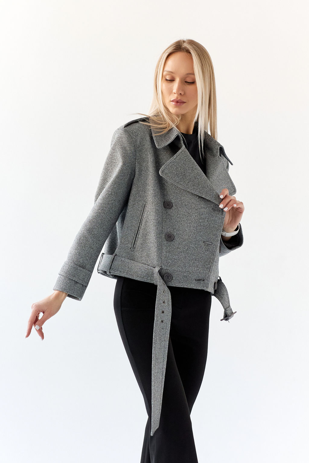 Полупальто женское демисезонное 25999 (пепельный/ёлочка) - Kankan фото 3