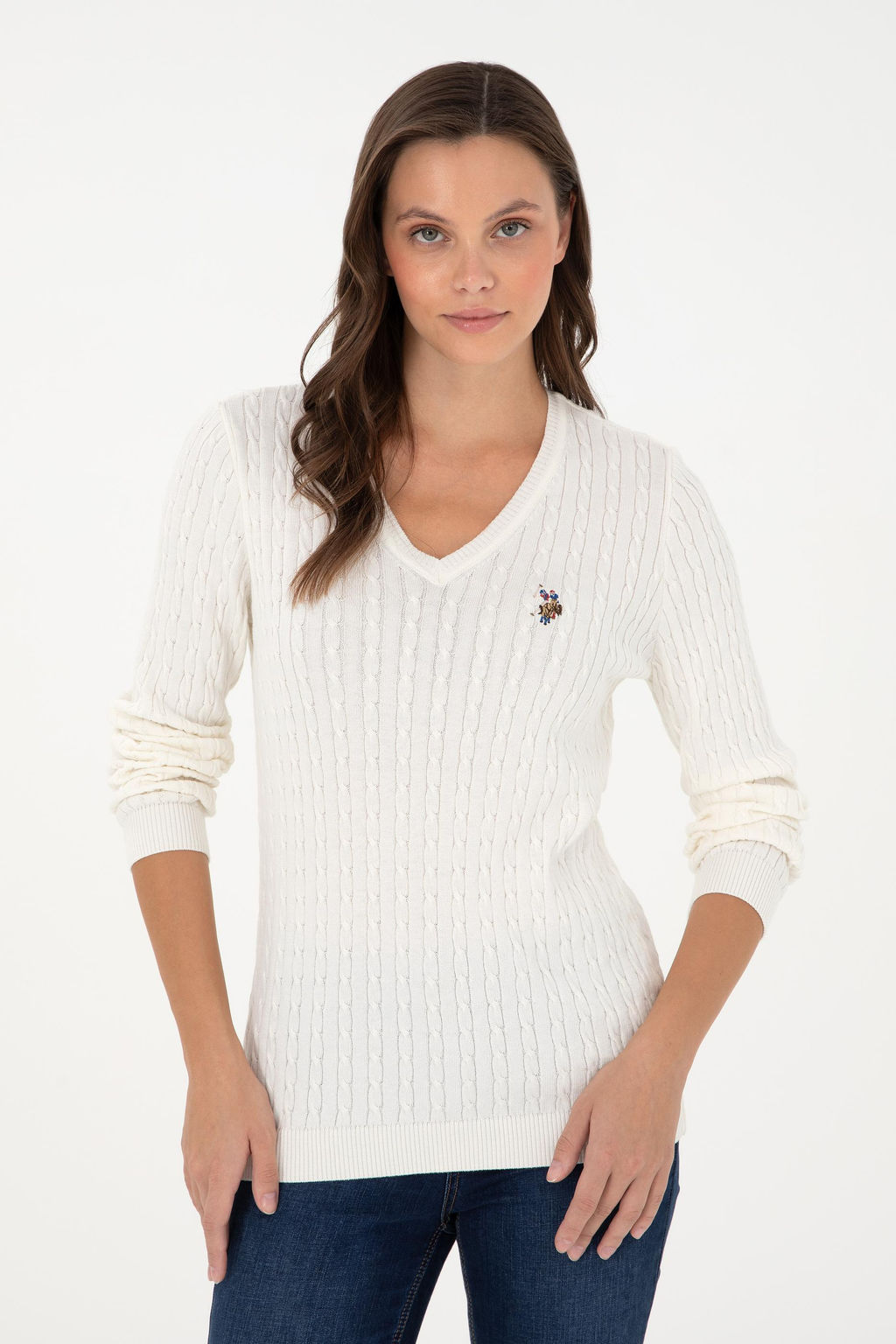 Женский базовый свитер цвета экрю с v-образным вырезом Неожиданная скидка в корзине - U.s. polo assn фото 3