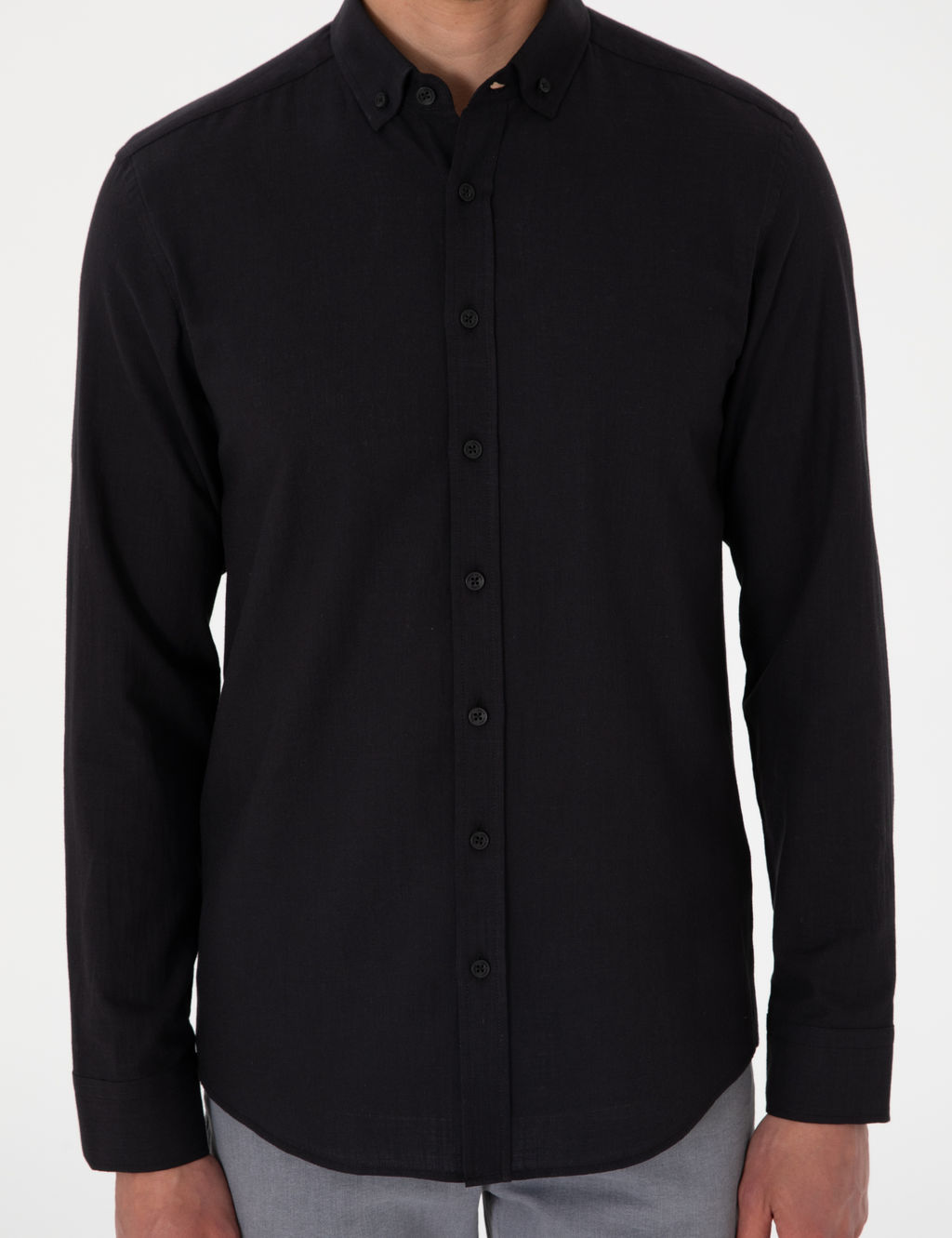 Siyah Keten G_r_n_ml_ Slim Fit Uzun Kollu G_mlek