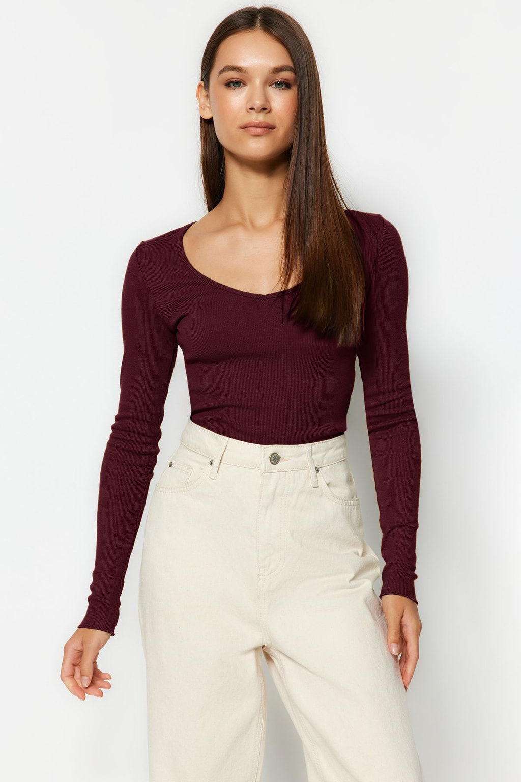 Bordo-Tas 2li Paket V Yaka Fitted/Vucuda Oturan Pamuklu Esnek Orme Bluz TWOAW24BZ00068