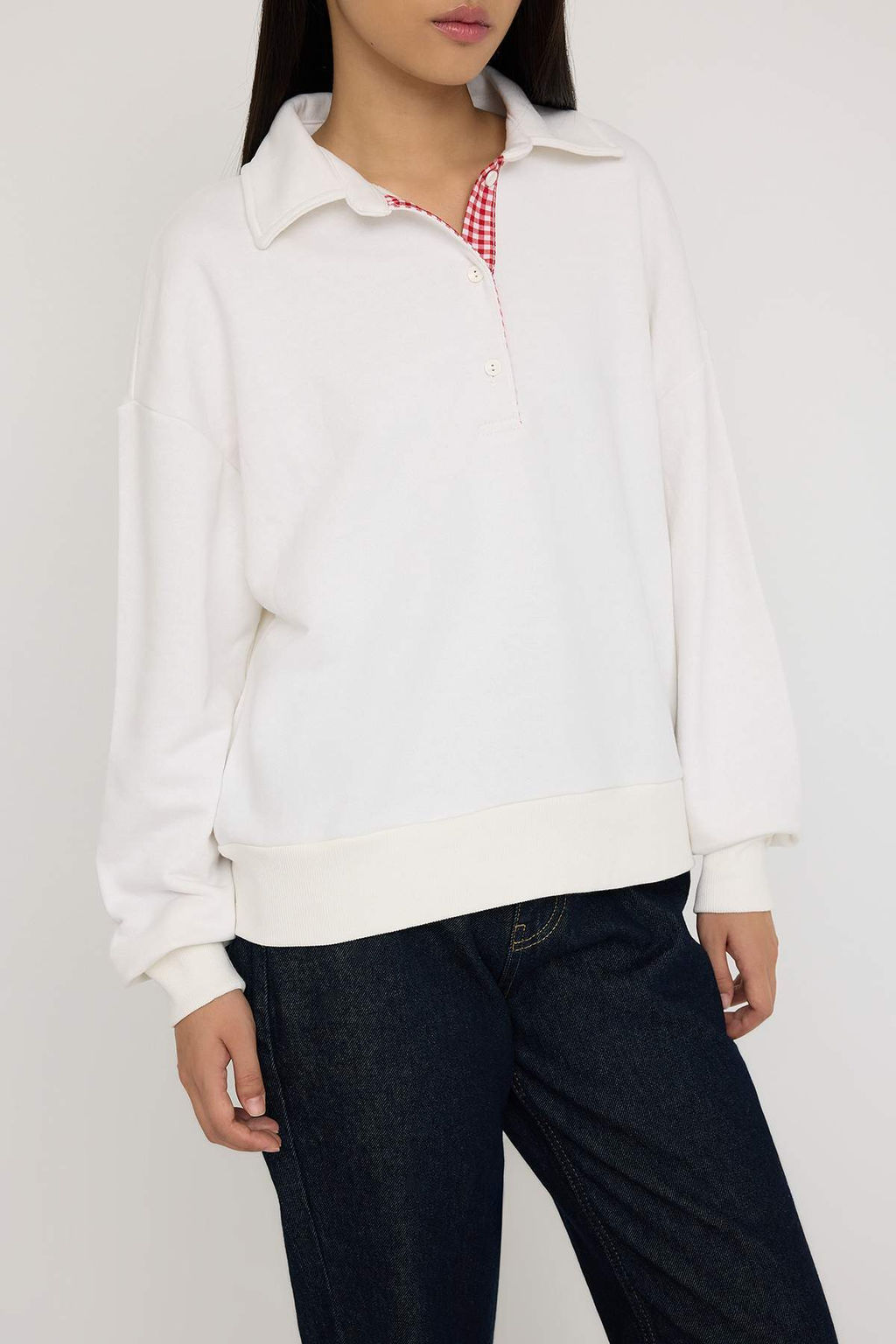 Teen Ekru Oversize/Genis Kal?p Patl? Polo Yaka Kal?n Orme Sweatshirt TWOAW26SW00008