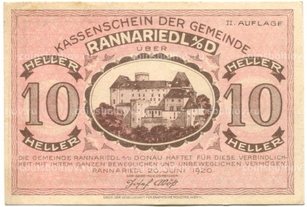 10 геллеров 1920 года Австрия Раннариедль (нотгельд)