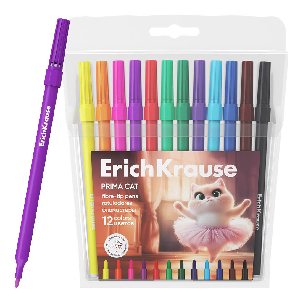 Цена за 12 шт. Фломастеры ErichKrause Prima Cat, 12 цветов (в футляре с европодвесом 12 шт)