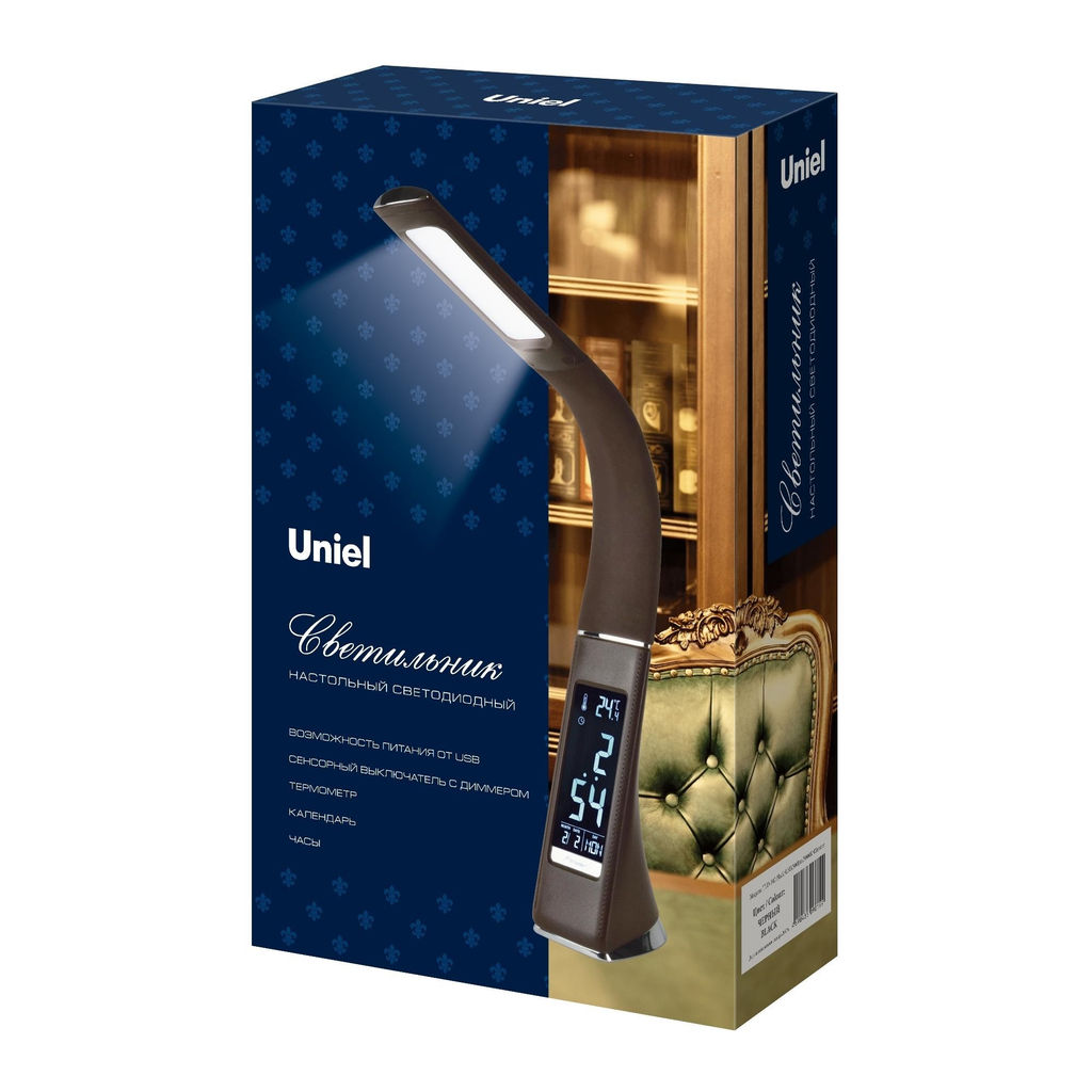 TLD-542 Black/LED/300Lm/5000K/Dimmer Светильник настольный c часами, календарем, термометром, 5W. Сенсорный выключатель. Черный (стилизован под кожу). TM Uniel.