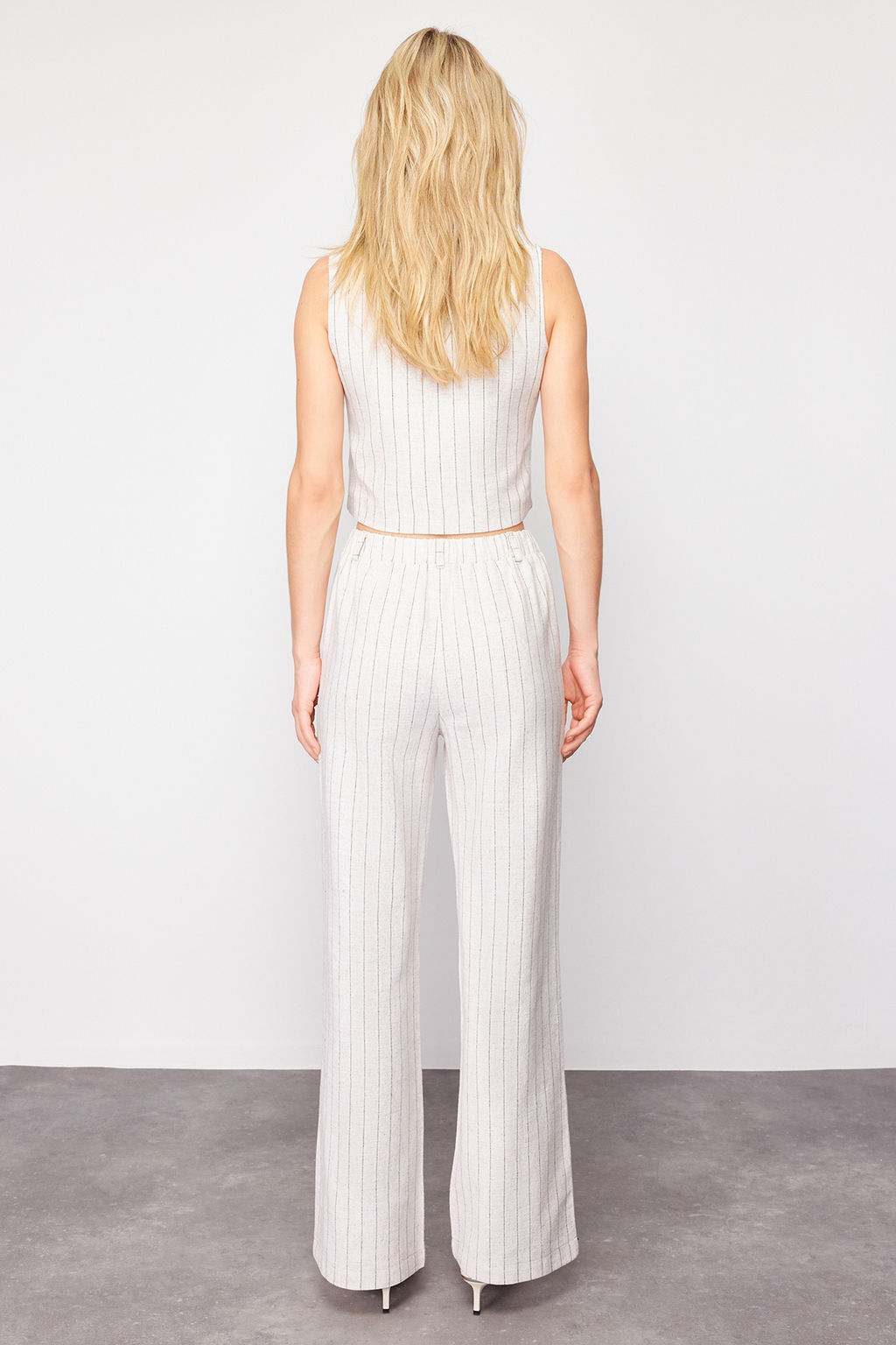 Bej Cizgili Beli Lastikli Cepli Straight/Duz Kesim Pamuk Keten Dokuma Pantolon TWOSS24PL00055