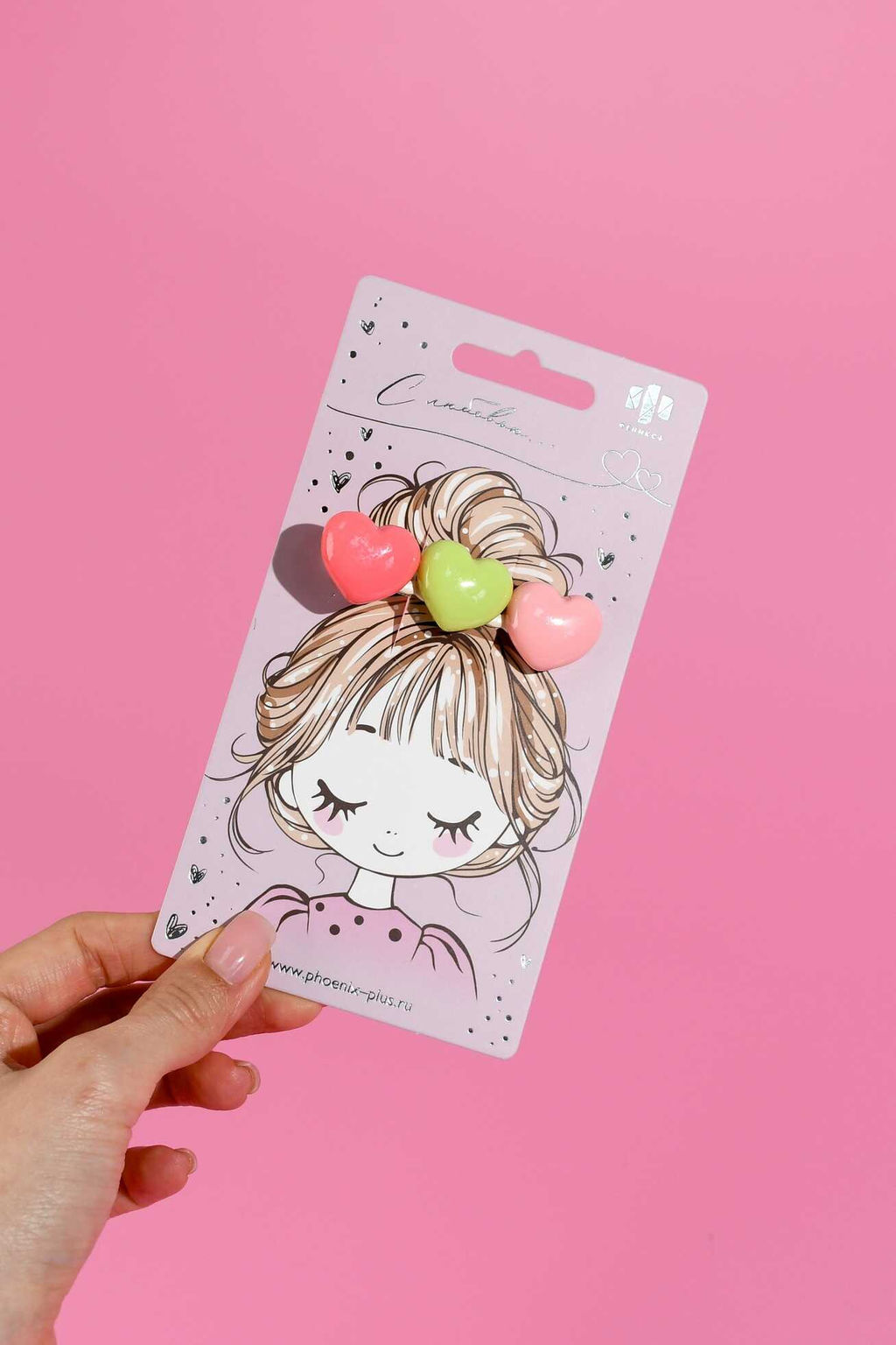 Заколка для волос зажим, арт. 71773 / 10 СЕРДЕЧКИ (в наборе: 1шт., 6,5 см, черный металл, полиэфирная смола, цвет: розовый, светло-зелёный, светло-розовый, подложка из мелованного картона + ПЭТ-пакет с европодвесом)