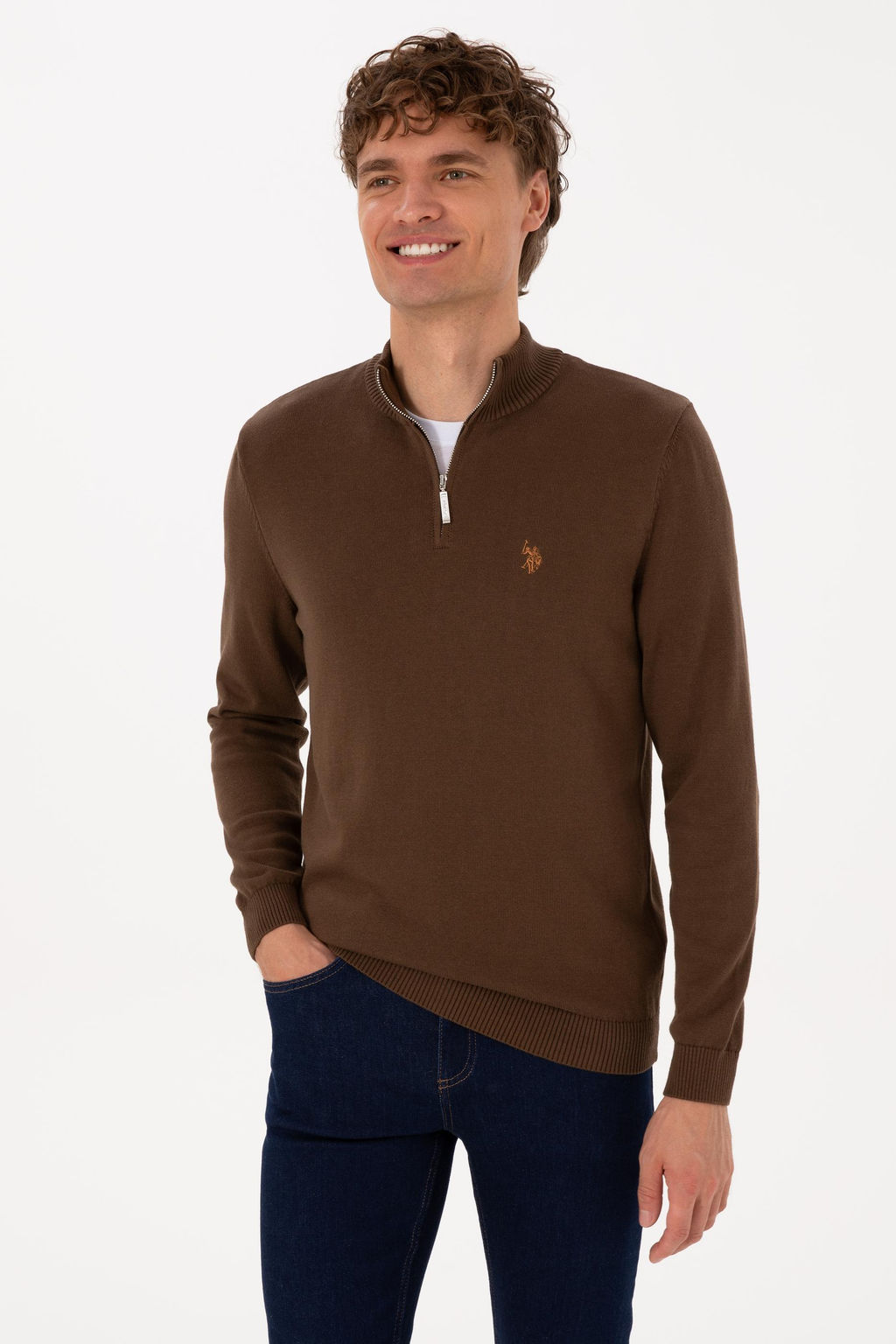 Erkek Slim Fit Yar_m Fermuarl_ Kahverengi Basic Kazak - U.s. polo assn фото 3