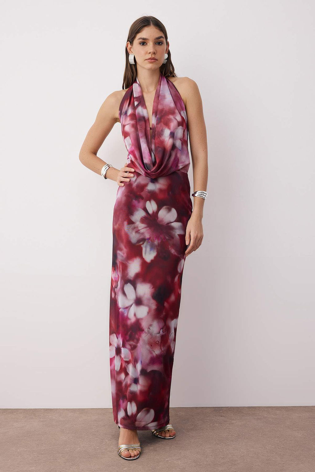 TRENDYOLMILLA Cok Renkli Cicek Desenli Orme Tul Uzun Gece Abiye Elbise TPRSS24AE00261
