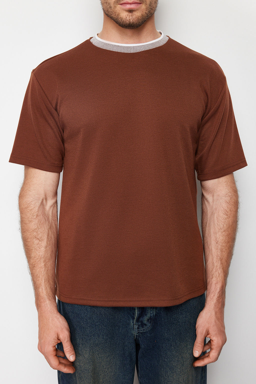 TRENDYOL MAN Premium Tas Oversize/Genis Kesim Triko Bantl? Dokulu Pike T-Shirt TMNSS23TS00079 - Trendyolmilla фото 5