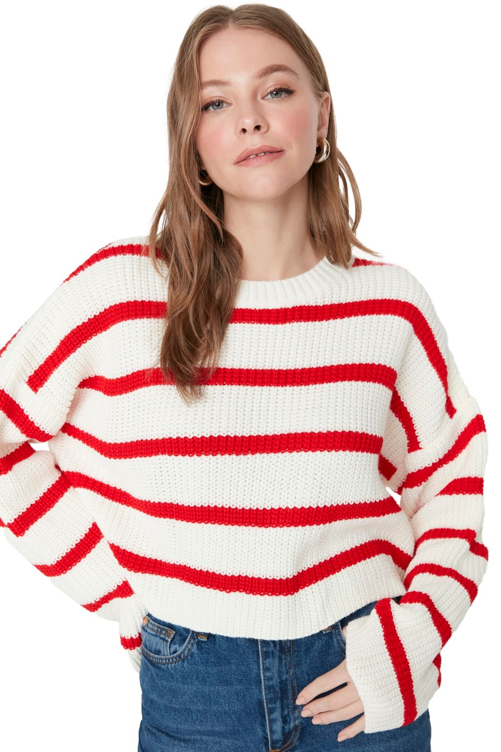 Ekru Crop Basic Cizgili Genis Kal?p Triko Kazak TWOAW23KZ00390