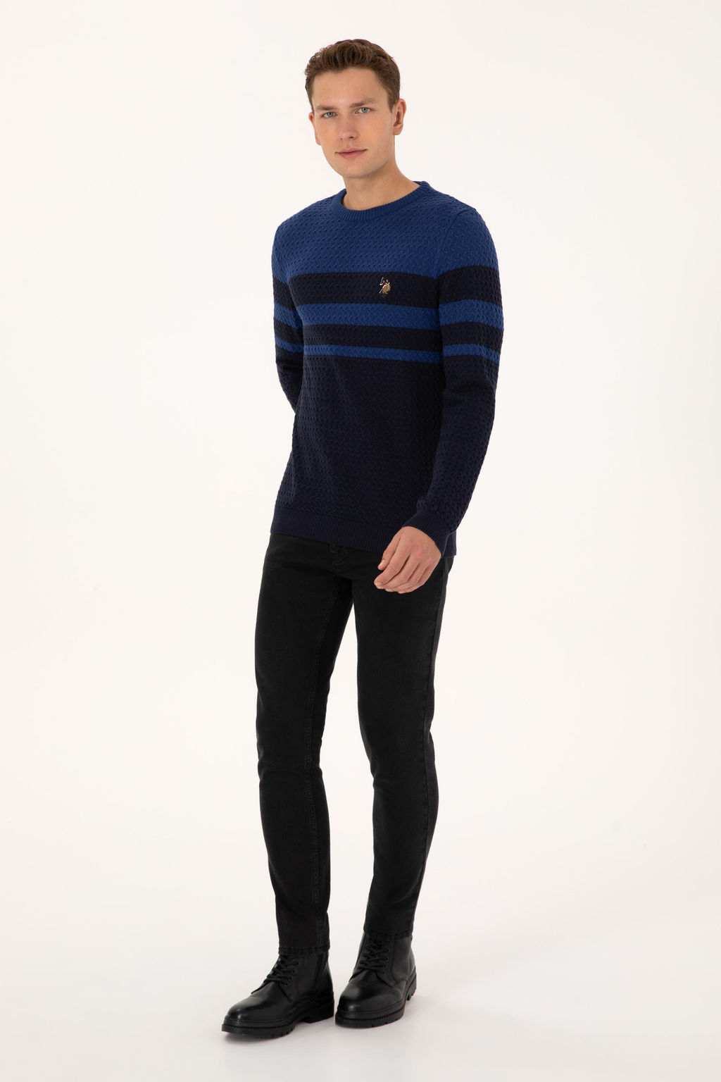 Erkek Slim Fit Bisiklet Yaka Lacivert Kazak