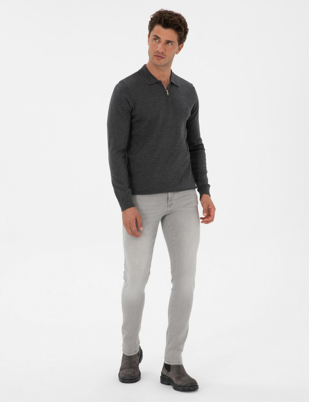 Antrasit Melanj Slim Fit Polo Yaka Fermuarl_ Basic Triko Kazak - Pierre cardin фото 4